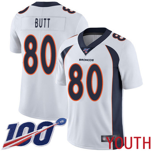 Youth Denver Broncos 80 Jake Butt White Vapor Untouchable Limited Player 100th Season Football NFL Jersey